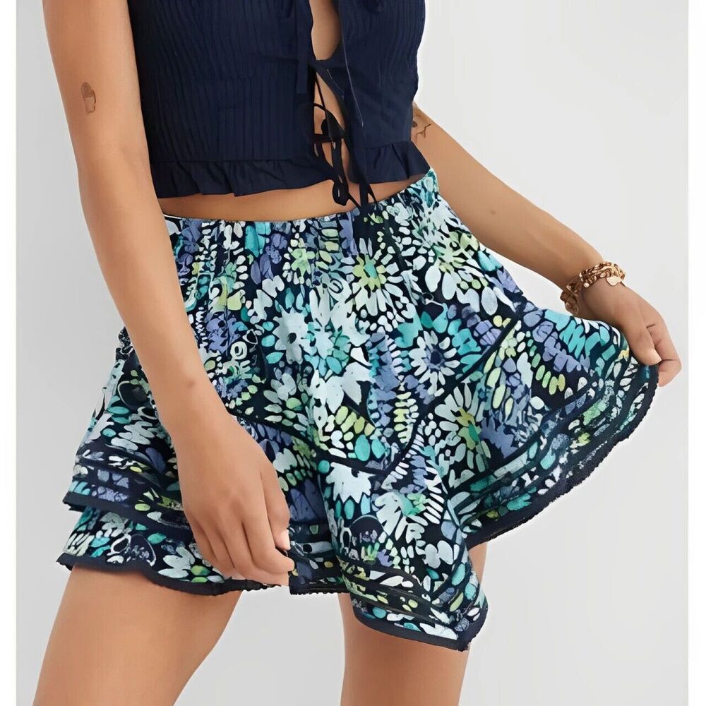 Aerie XS Rock n Ruffle Floral Skort Blue Crinkled Tiered Ruffle Lace Trim NWT